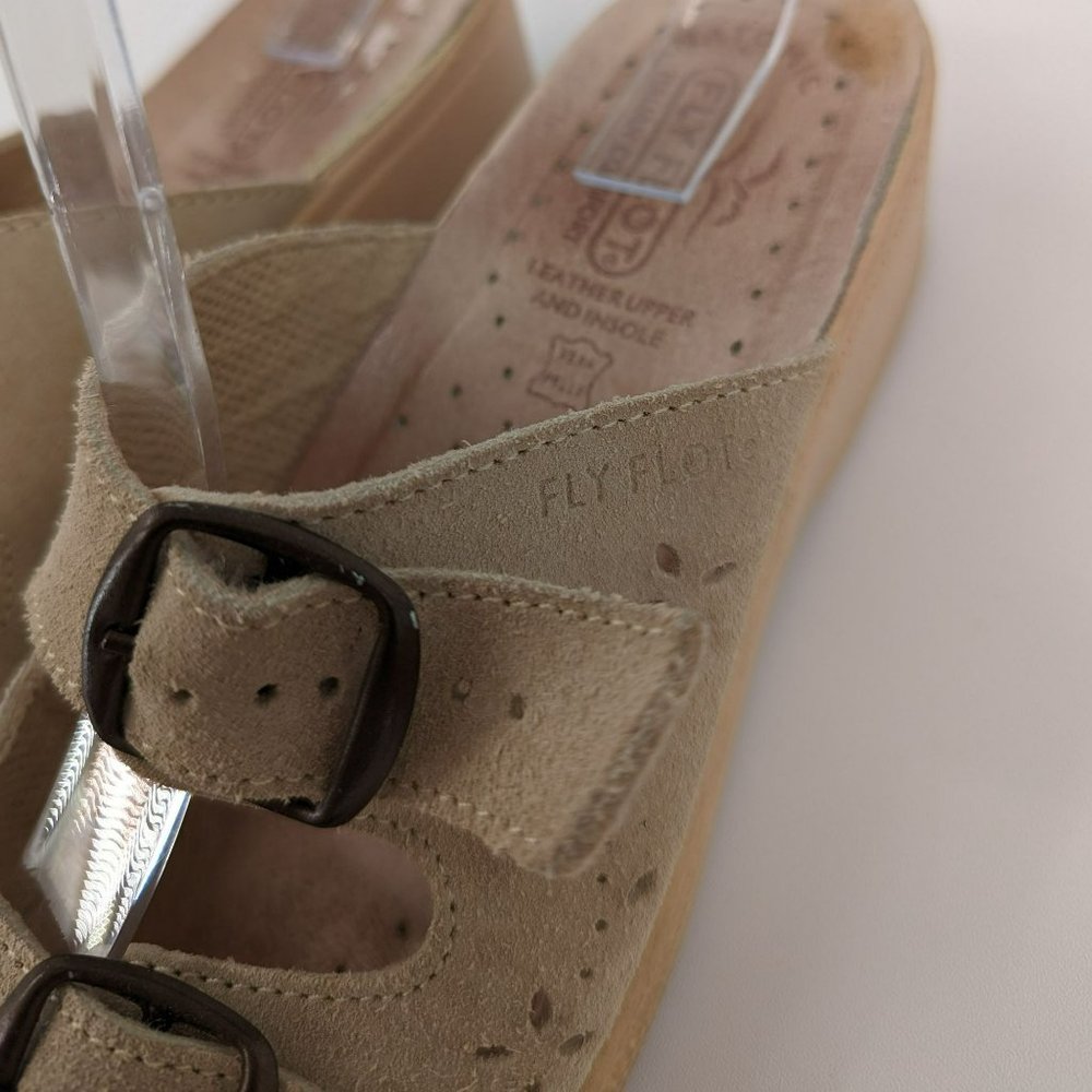 Fly Flot Slides 37 5.5 Tan Leather Two Strap Buckle Open Toe Italy Made Comfort - Picture 6 of 14